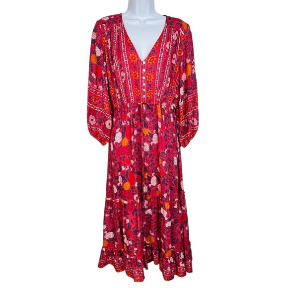 Walker & Wade Carrie Midi Dress Drawstring Waist Cherry Floral Pink Orange Med - Picture 5 of 13